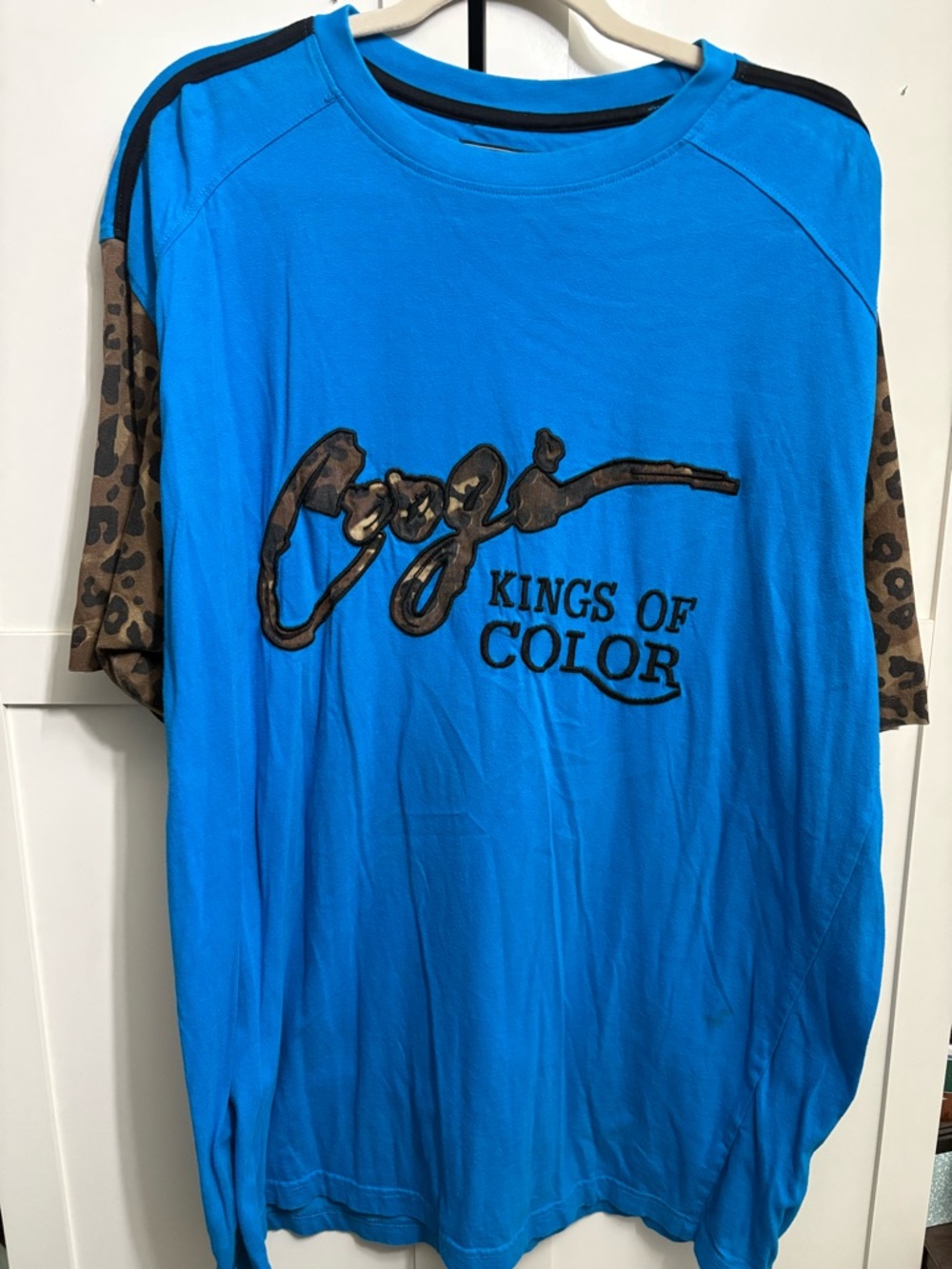 COOGI Blue Tee with Brown Leopard Sleeves